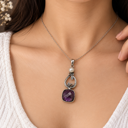 Amethyst Blue Stone Botanical Silver Pendant Boho Jewelry PEN395-SLV-LPRL-LAMT02