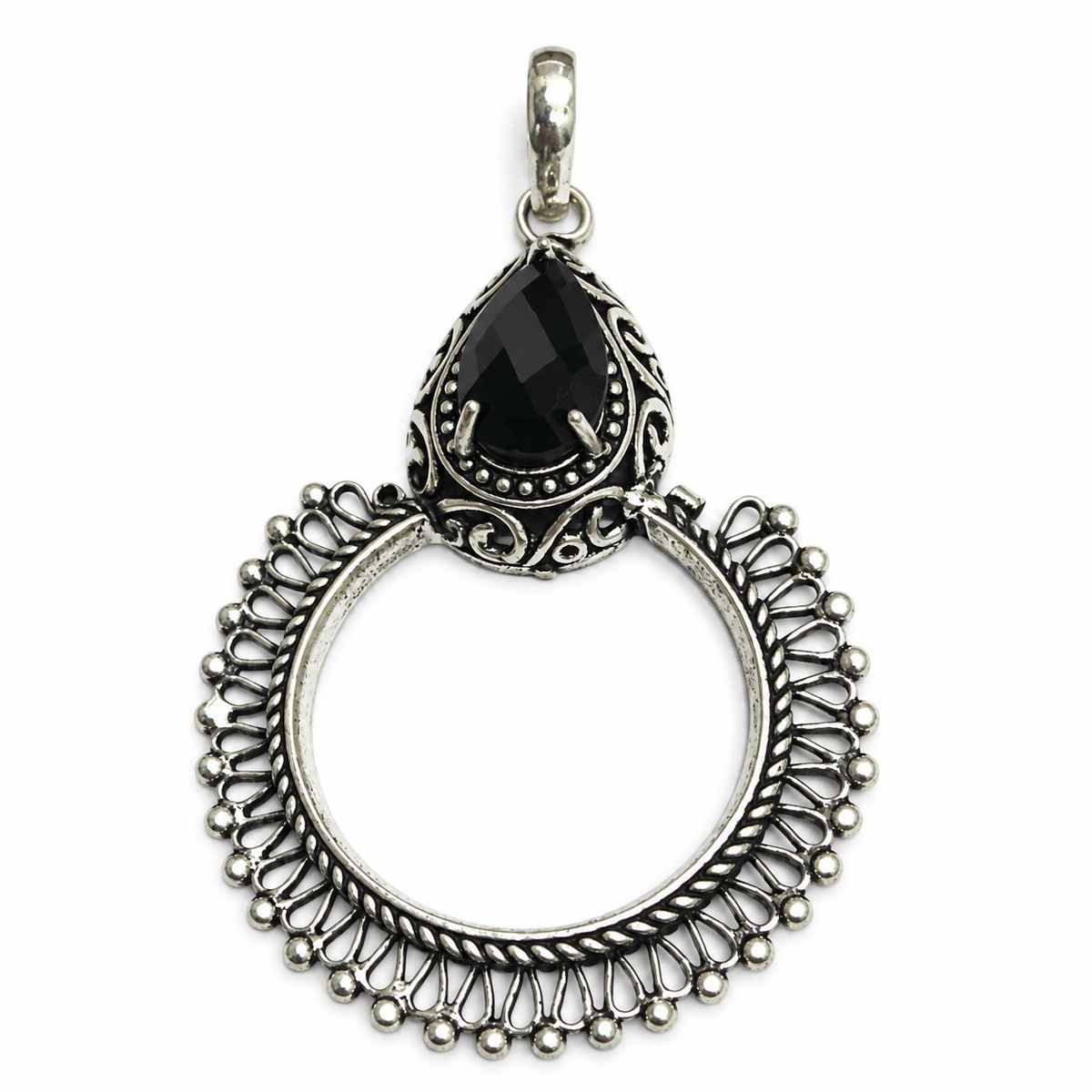 Black Spinel Silver Hoop Pendant Tribal Boho Statement Jewelry PEN397-SLV-LBLKSPL01