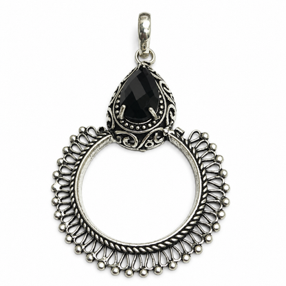 Black Spinel Silver Hoop Pendant Tribal Boho Statement Jewelry PEN397-SLV-LBLKSPL01