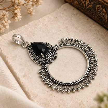 Black Spinel Silver Hoop Pendant Tribal Boho Statement Jewelry PEN397-SLV-LBLKSPL01