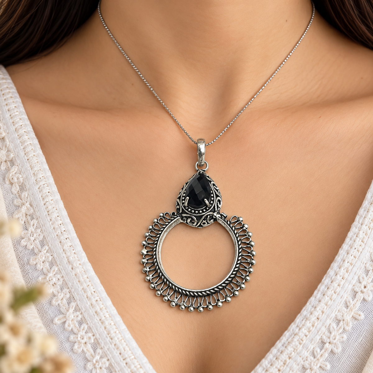 Black Spinel Silver Hoop Pendant Tribal Boho Statement Jewelry PEN397-SLV-LBLKSPL01