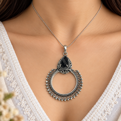 Black Spinel Silver Hoop Pendant Tribal Boho Statement Jewelry PEN397-SLV-LBLKSPL01