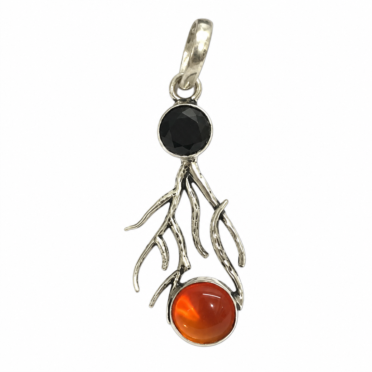 Black Orange Stone Silver Pendant Botanical Branch Jewelry PEN398-SLV-LQUA02