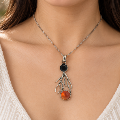 Black Orange Stone Silver Pendant Botanical Branch Jewelry PEN398-SLV-LQUA02