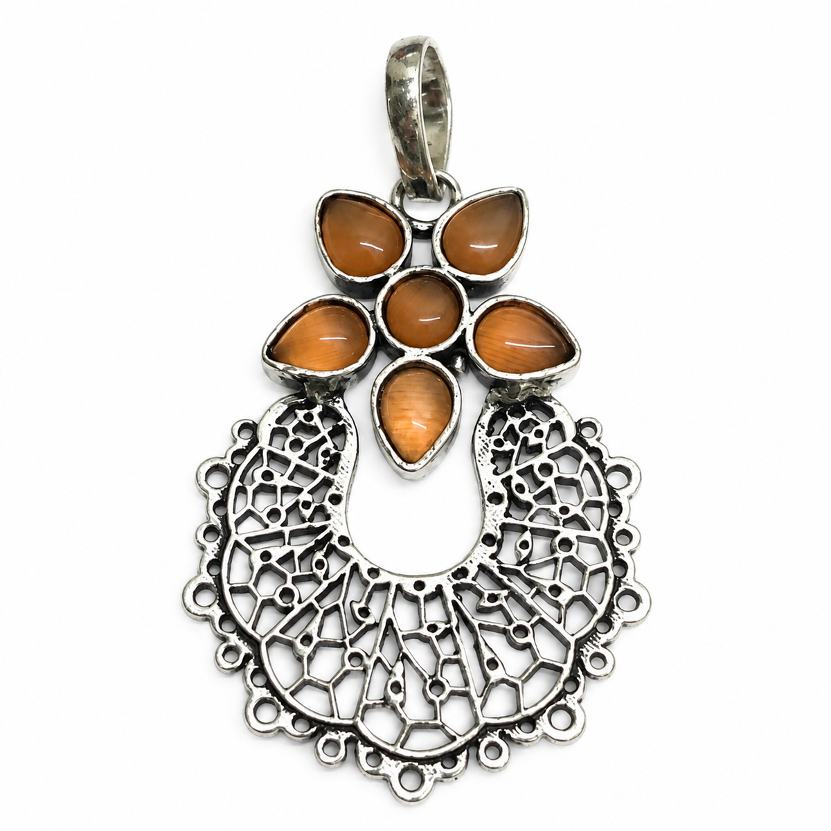 Orange Cat Eye Floral Silver Pendant Mandala Boho Jewelry PEN399-SLV-LQUA06
