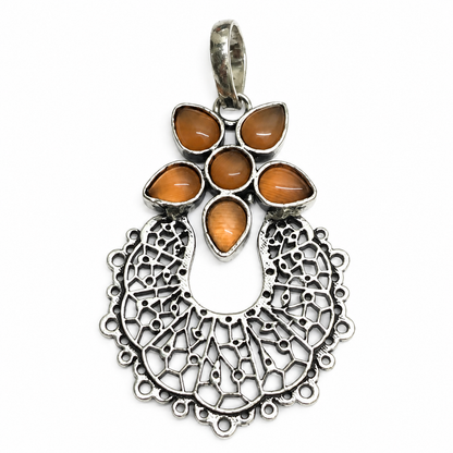 Orange Cat Eye Floral Silver Pendant Mandala Boho Jewelry PEN399-SLV-LQUA06