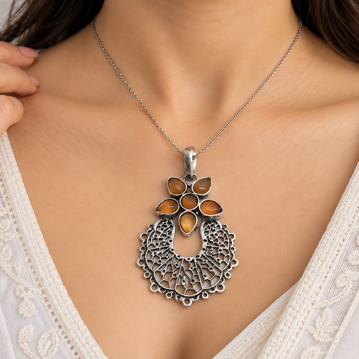 Orange Cat Eye Floral Silver Pendant Mandala Boho Jewelry PEN399-SLV-LQUA06