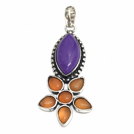 Purple Stone Orange Cat Eye Silver Floral Pendant Boho Jewelry PEN400-SLV-LCH-LQUA07