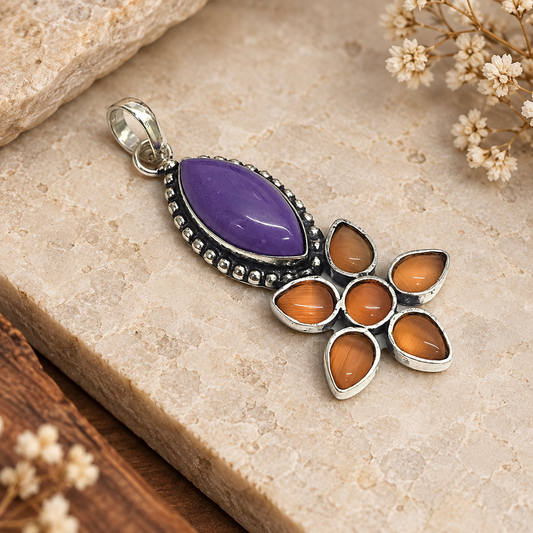 Purple Stone Orange Cat Eye Silver Floral Pendant Boho Jewelry PEN400-SLV-LCH-LQUA07