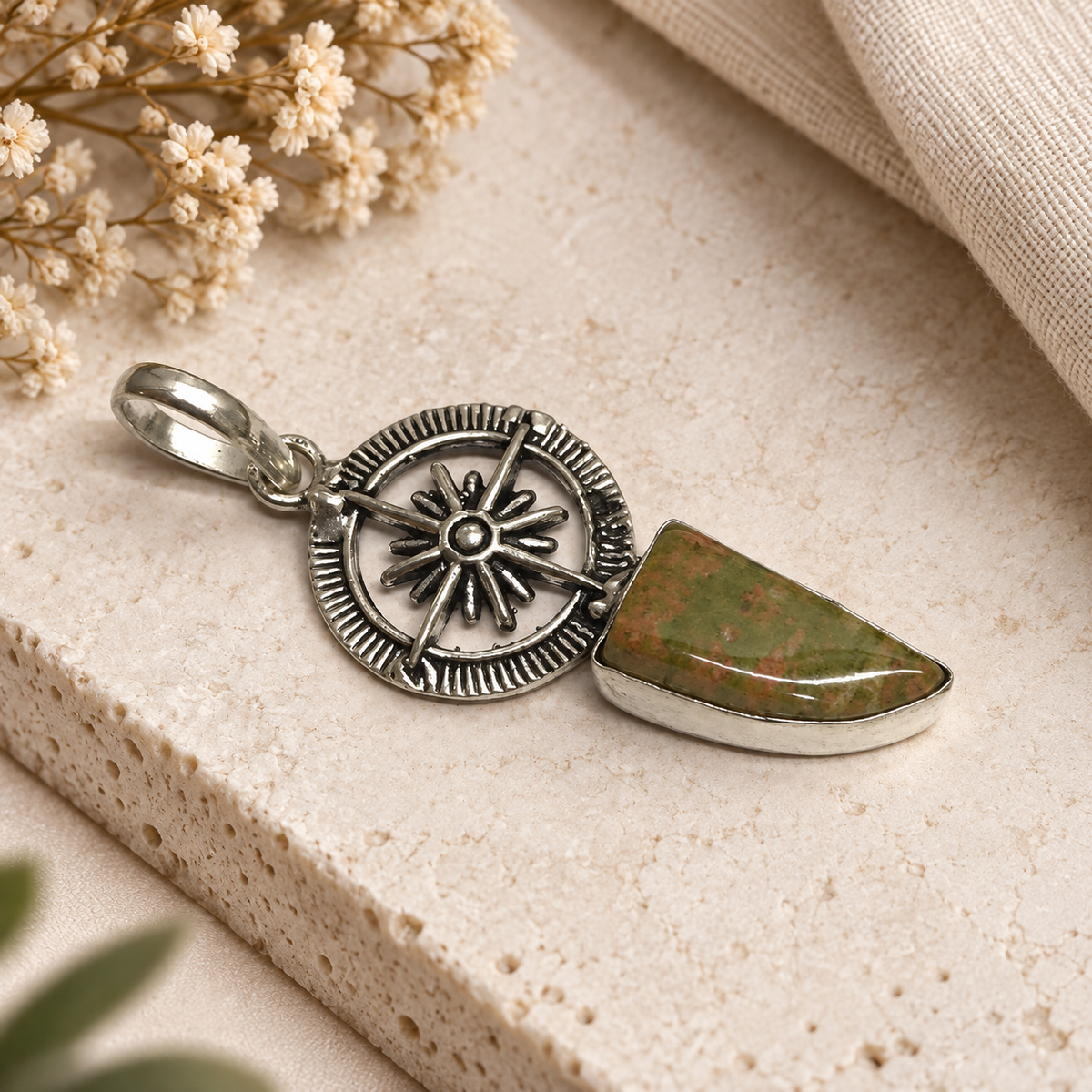 Unakite Silver Pendant Sunburst Boho Natural Stone Jewelry PEN401-SLV-NRUN01