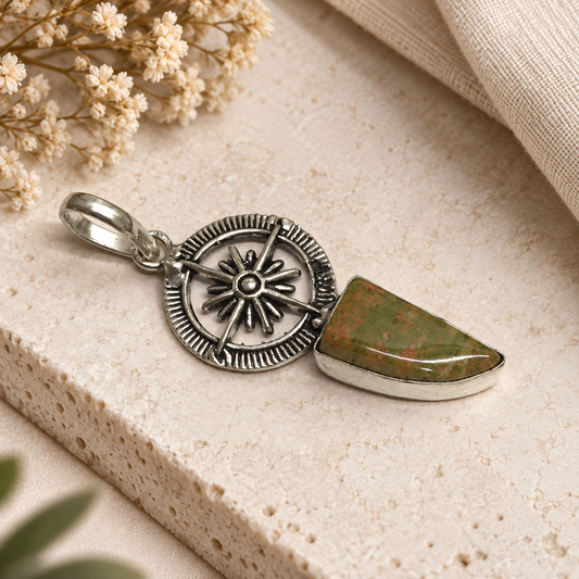 Unakite Silver Pendant Sunburst Boho Natural Stone Jewelry PEN401-SLV-NRUN01