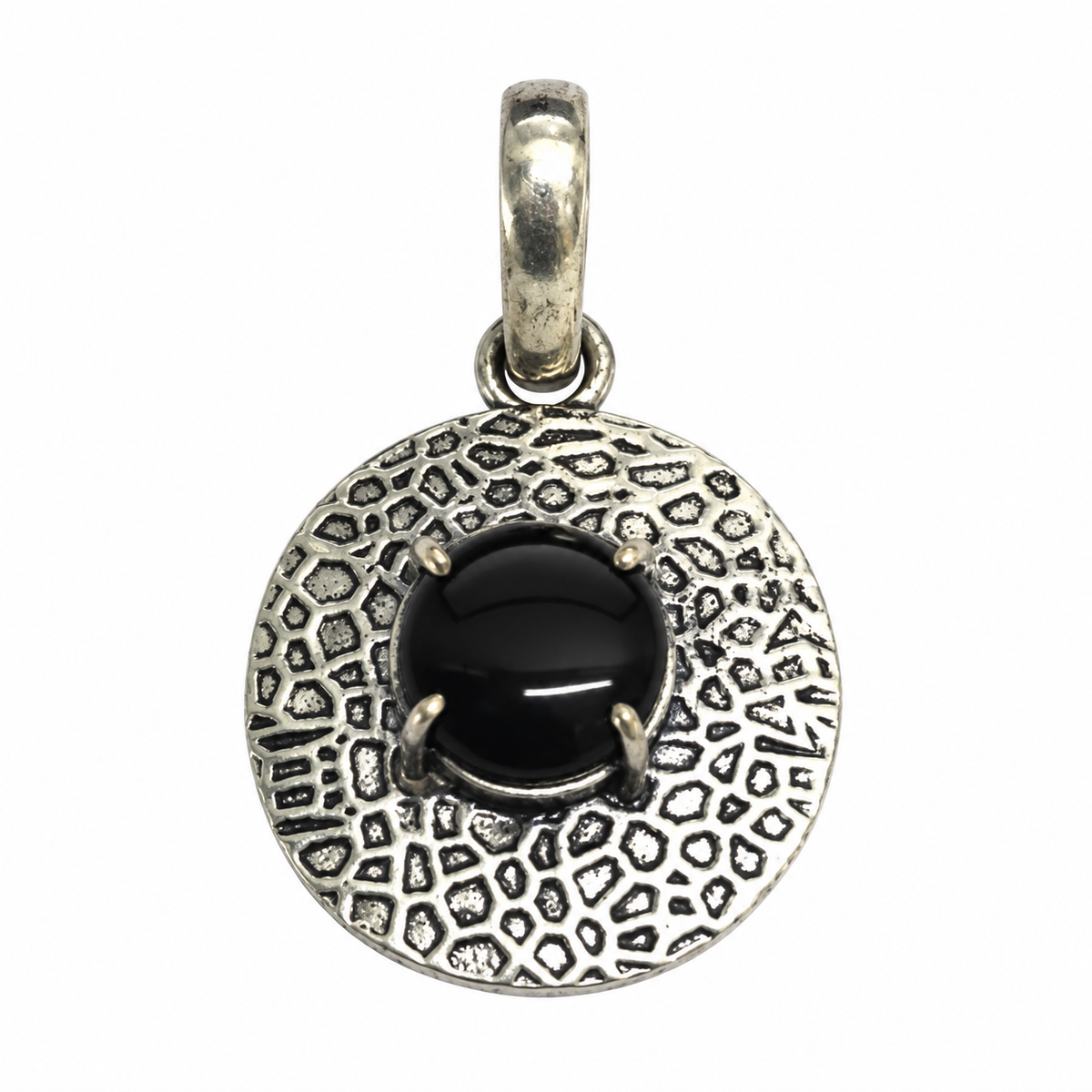Black Onyx Silver Pendant Round Textured Boho Statement Jewelry PEN402-SLV-NBO01