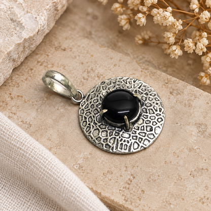 Black Onyx Silver Pendant Round Textured Boho Statement Jewelry PEN402-SLV-NBO01