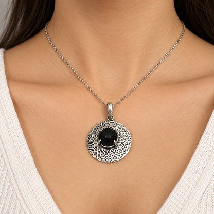 Black Onyx Silver Pendant Round Textured Boho Statement Jewelry PEN402-SLV-NBO01