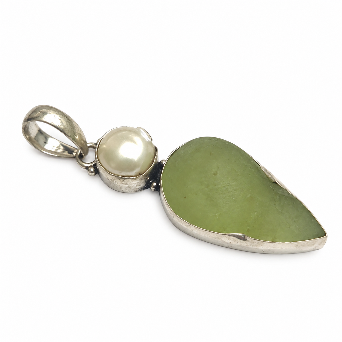 Green Prehnite Pearl Silver Pendant Natural Stone Boho Jewelry PEN404-SLV-NPR-NPRL02