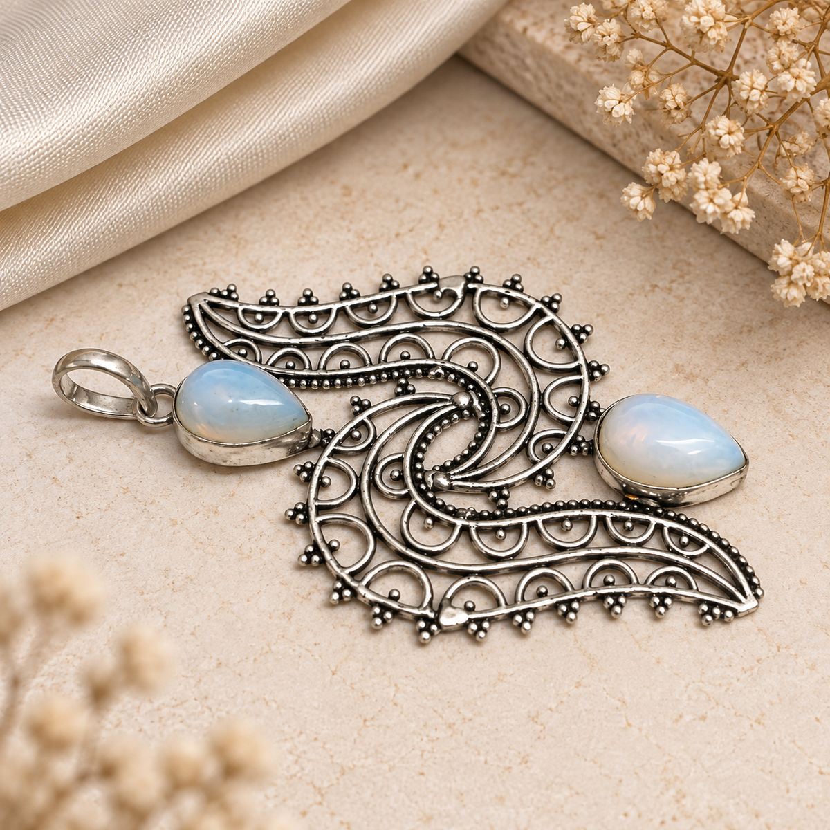 Blue Opalite Silver Pendant Paisley Boho Statement Jewelry PEN405-SLV-LOPL02