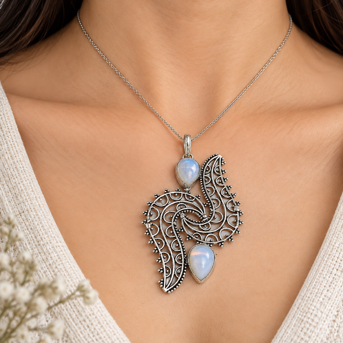 Blue Opalite Silver Pendant Paisley Boho Statement Jewelry PEN405-SLV-LOPL02