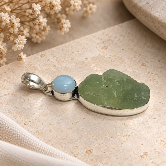 Green Stone Blue Opalite Silver Pendant Natural Boho Jewelry PEN406-SLV-NOPL-NPR02