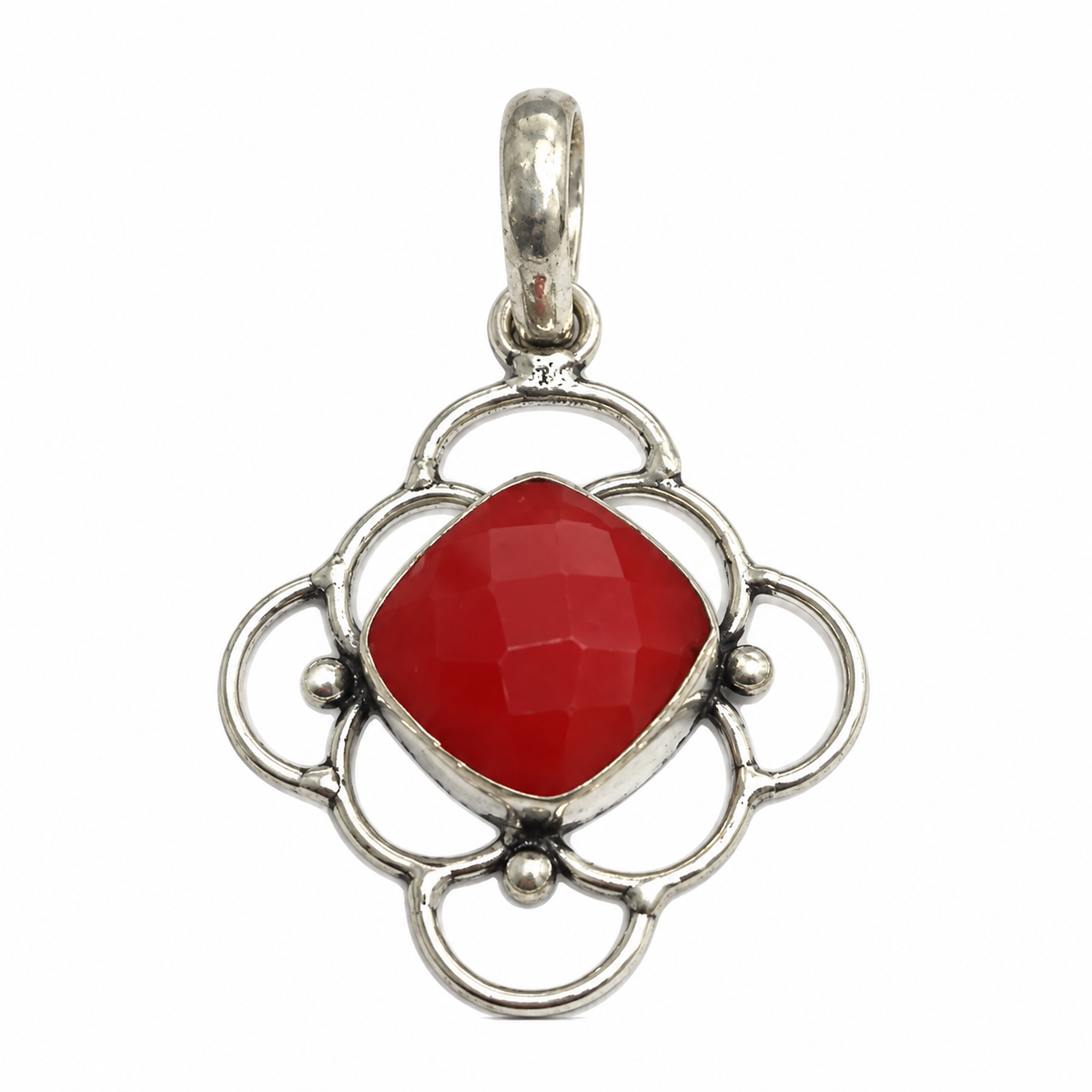 Red Coral Silver Floral Pendant Boho Statement Jewelry Gift PEN407-SLV-NRC01