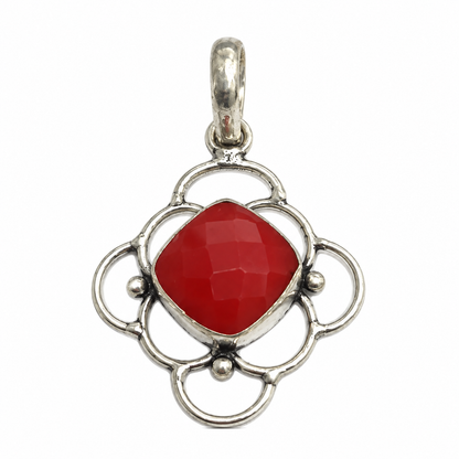 Red Coral Silver Floral Pendant Boho Statement Jewelry Gift PEN407-SLV-NRC01