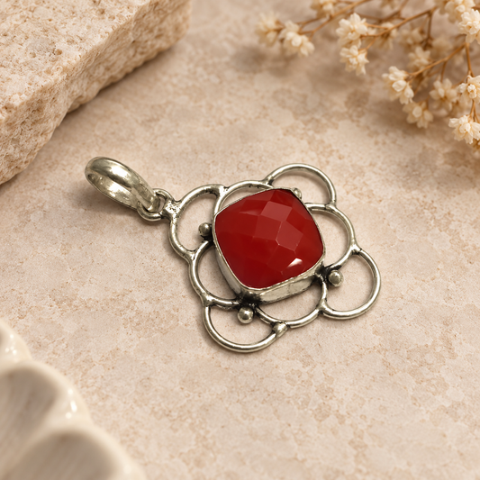 Red Coral Silver Floral Pendant Boho Statement Jewelry Gift PEN407-SLV-NRC01