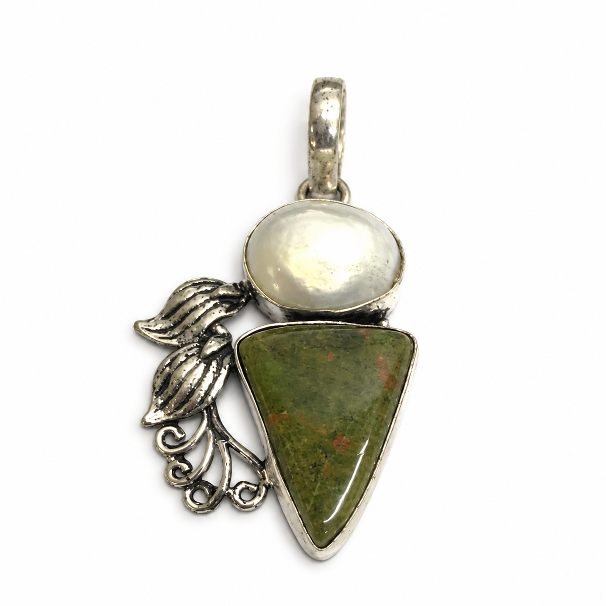 Unakite Pearl Silver Pendant Leaf Boho Natural Stone Jewelry PEN408-SLV-NPRL-NRUN02