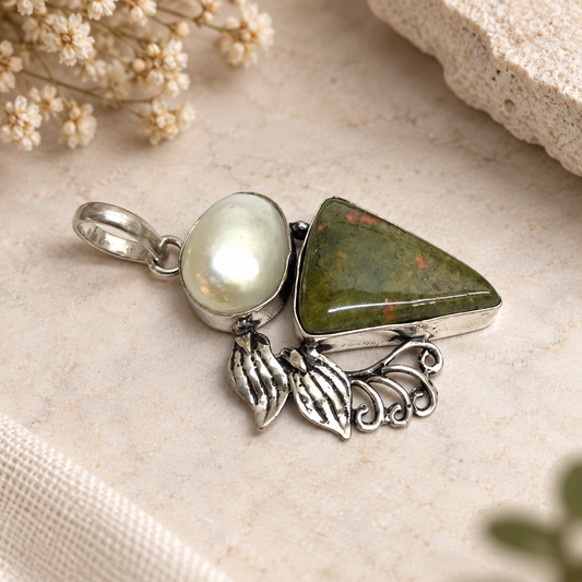 Unakite Pearl Silver Pendant Leaf Boho Natural Stone Jewelry PEN408-SLV-NPRL-NRUN02