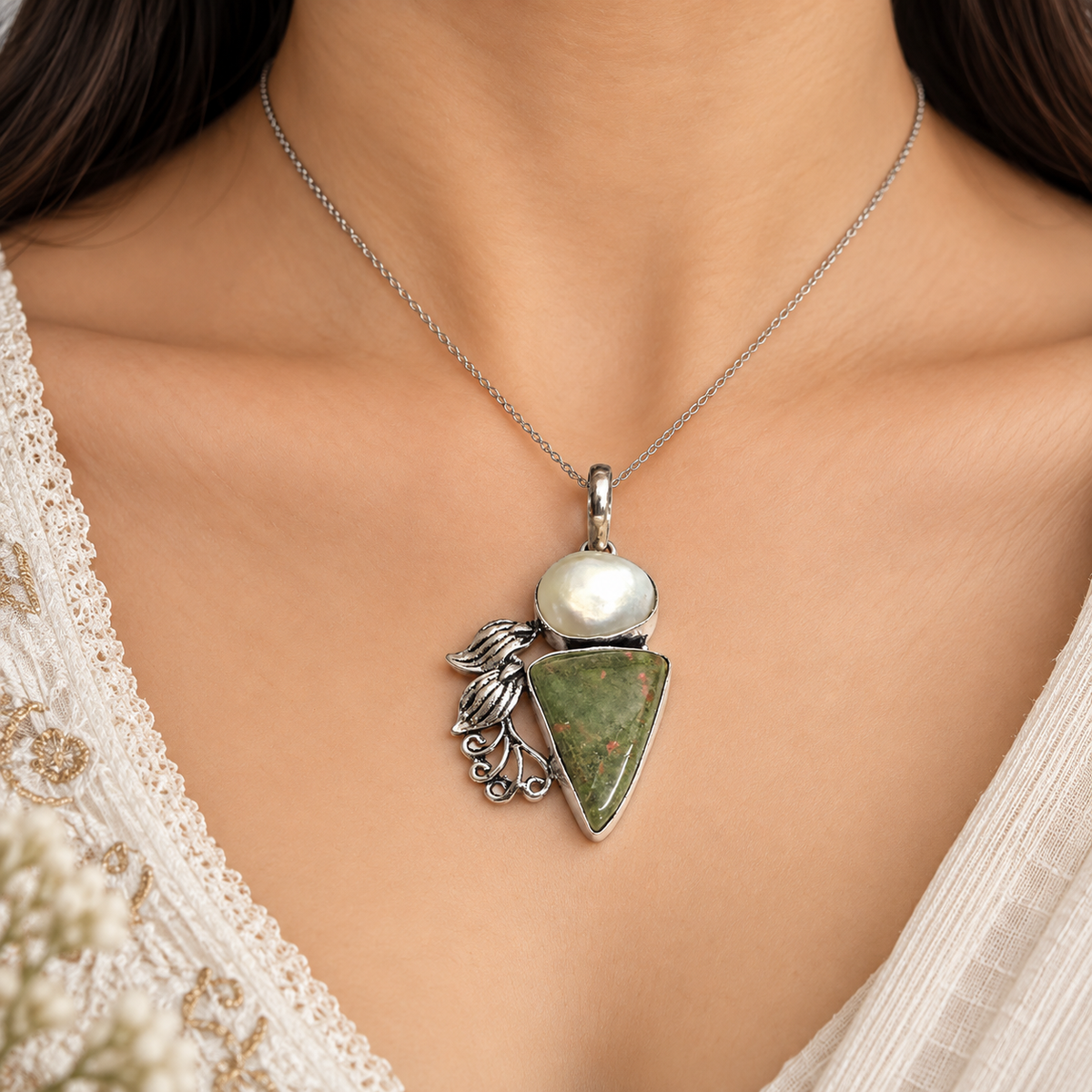 Unakite Pearl Silver Pendant Leaf Boho Natural Stone Jewelry PEN408-SLV-NPRL-NRUN02