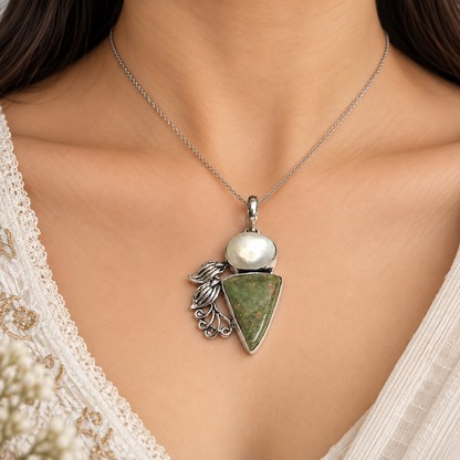 Unakite Pearl Silver Pendant Leaf Boho Natural Stone Jewelry PEN408-SLV-NPRL-NRUN02