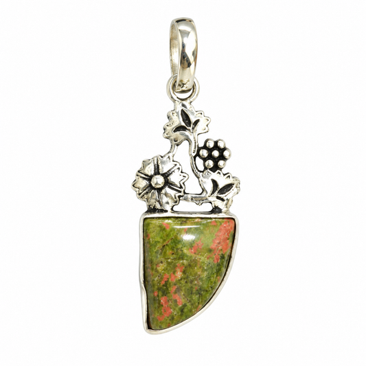 Unakite Floral Silver Pendant Natural Stone Boho Jewelry Gift PEN410-SLV-NRUN01