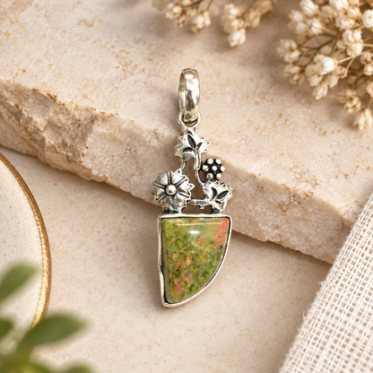 Unakite Floral Silver Pendant Natural Stone Boho Jewelry Gift PEN410-SLV-NRUN01