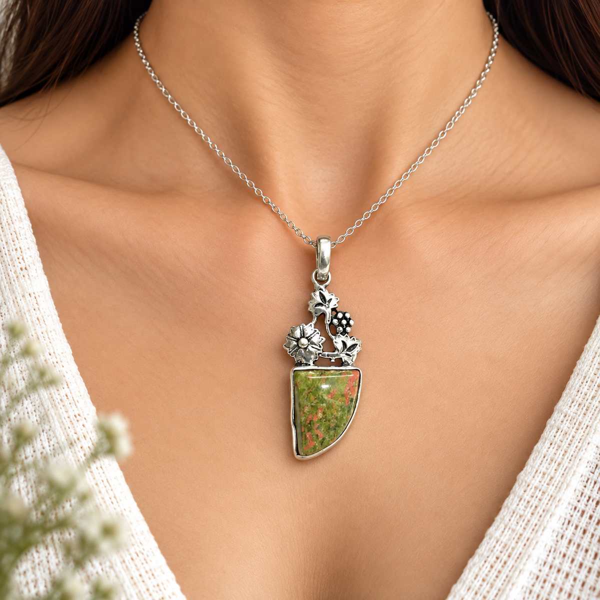 Unakite Floral Silver Pendant Natural Stone Boho Jewelry Gift PEN410-SLV-NRUN01