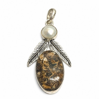 Natural Turritella Agate Pearl Silver Feather Pendant Boho Gift PEN411-SLV-NPRL-NTT02