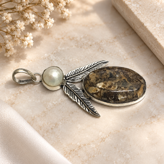 Natural Turritella Agate Pearl Silver Feather Pendant Boho Gift PEN411-SLV-NPRL-NTT02