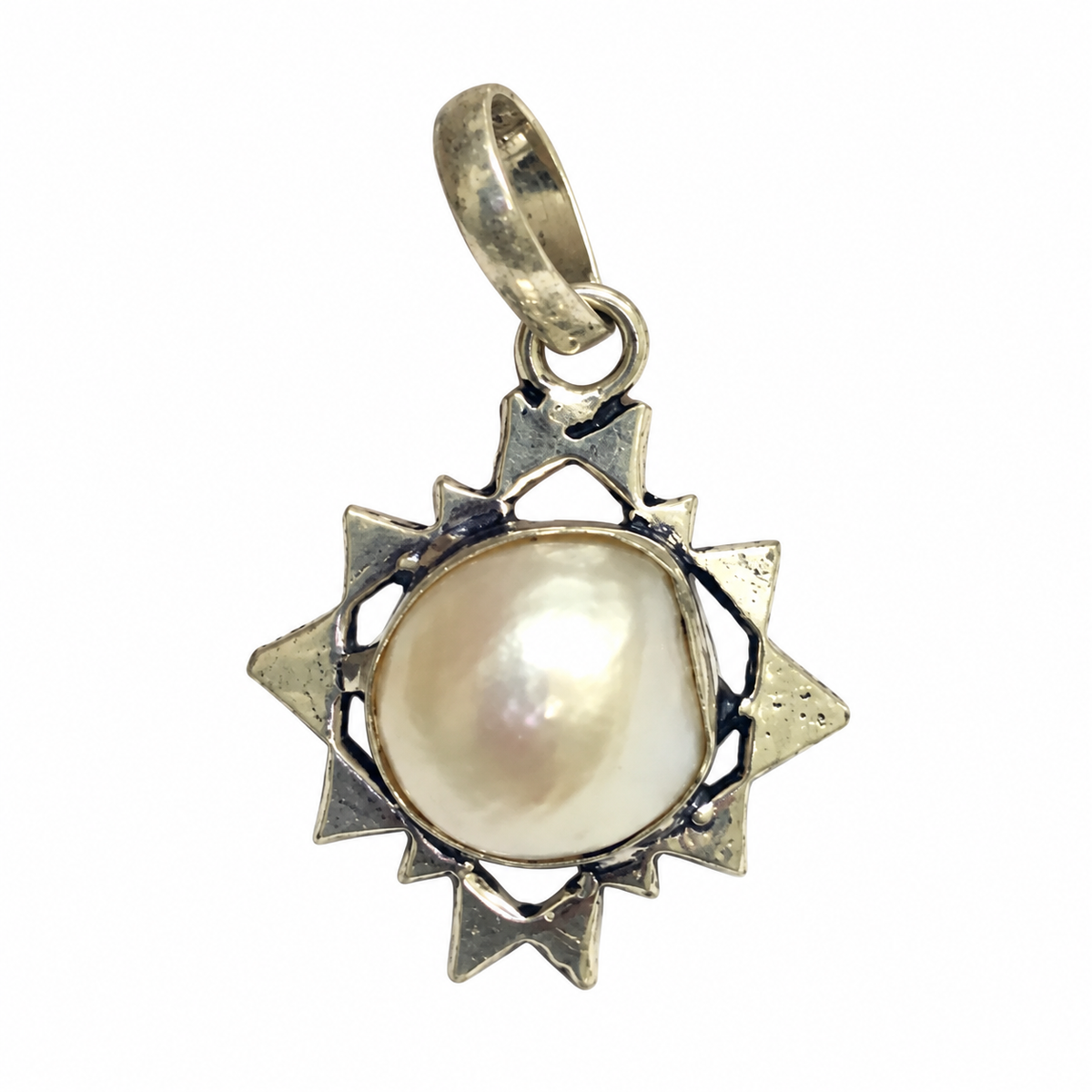 White Pearl Sunburst Pendant, Silver Boho Jewelry PEN414-SLV-NPRL01