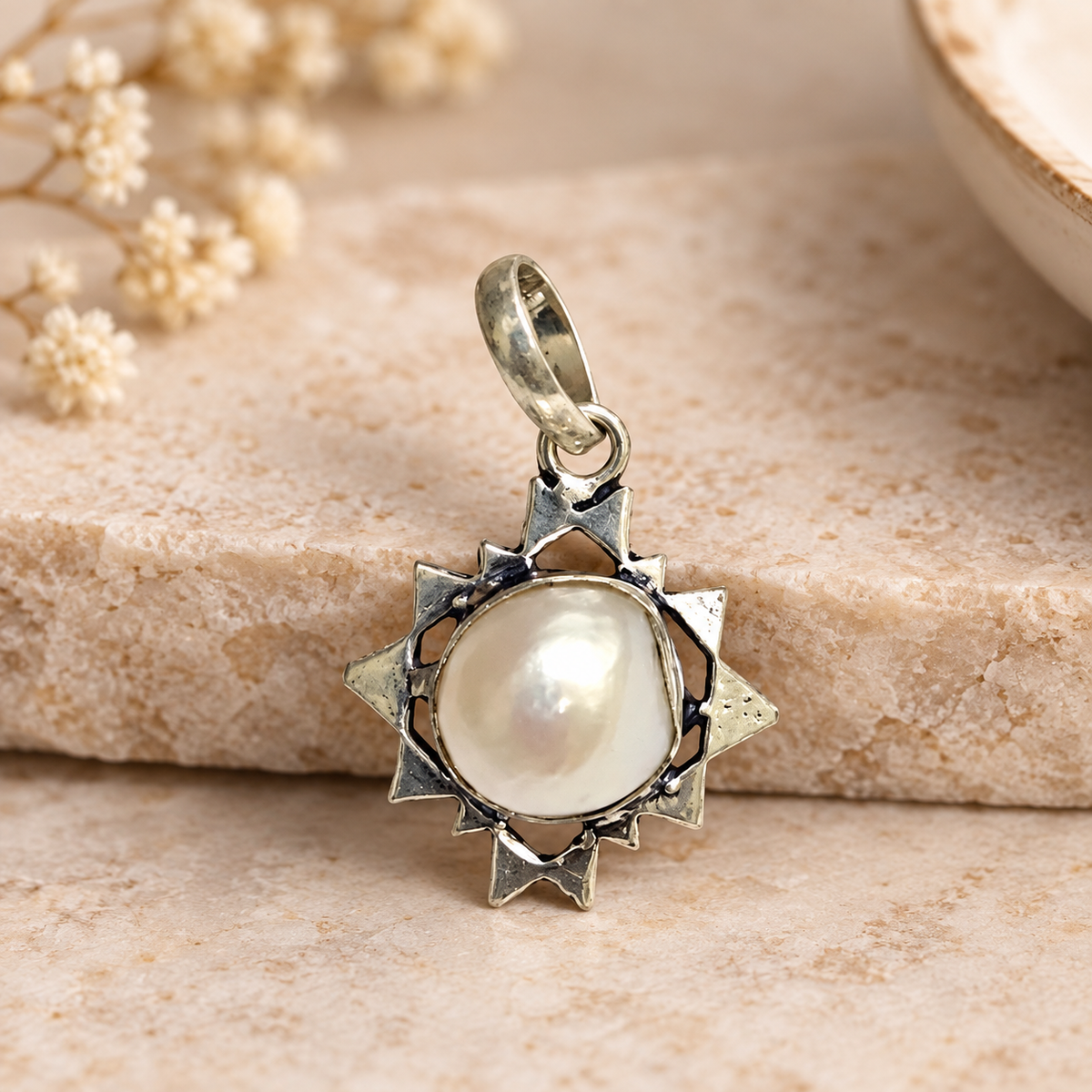 White Pearl Sunburst Pendant, Silver Boho Jewelry PEN414-SLV-NPRL01