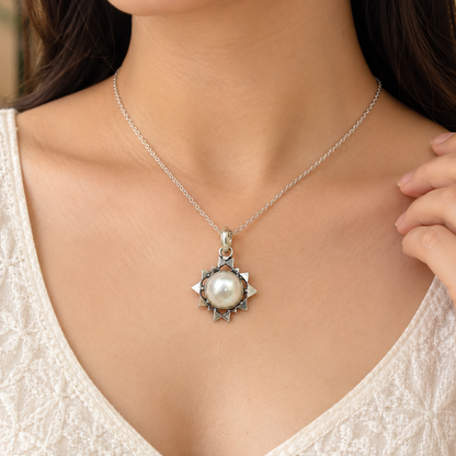 White Pearl Sunburst Pendant, Silver Boho Jewelry PEN414-SLV-NPRL01