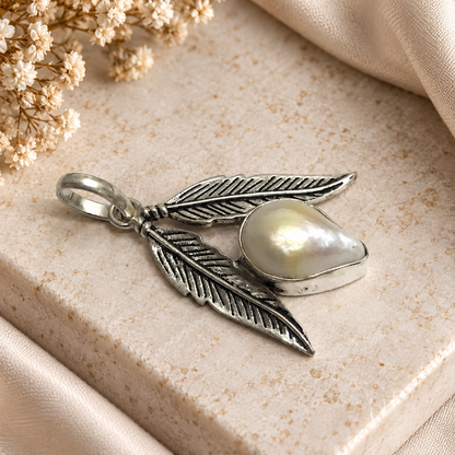 Pearl Feather Pendant, Silver Boho Nature Jewelry PEN415-SLV-NPRL01