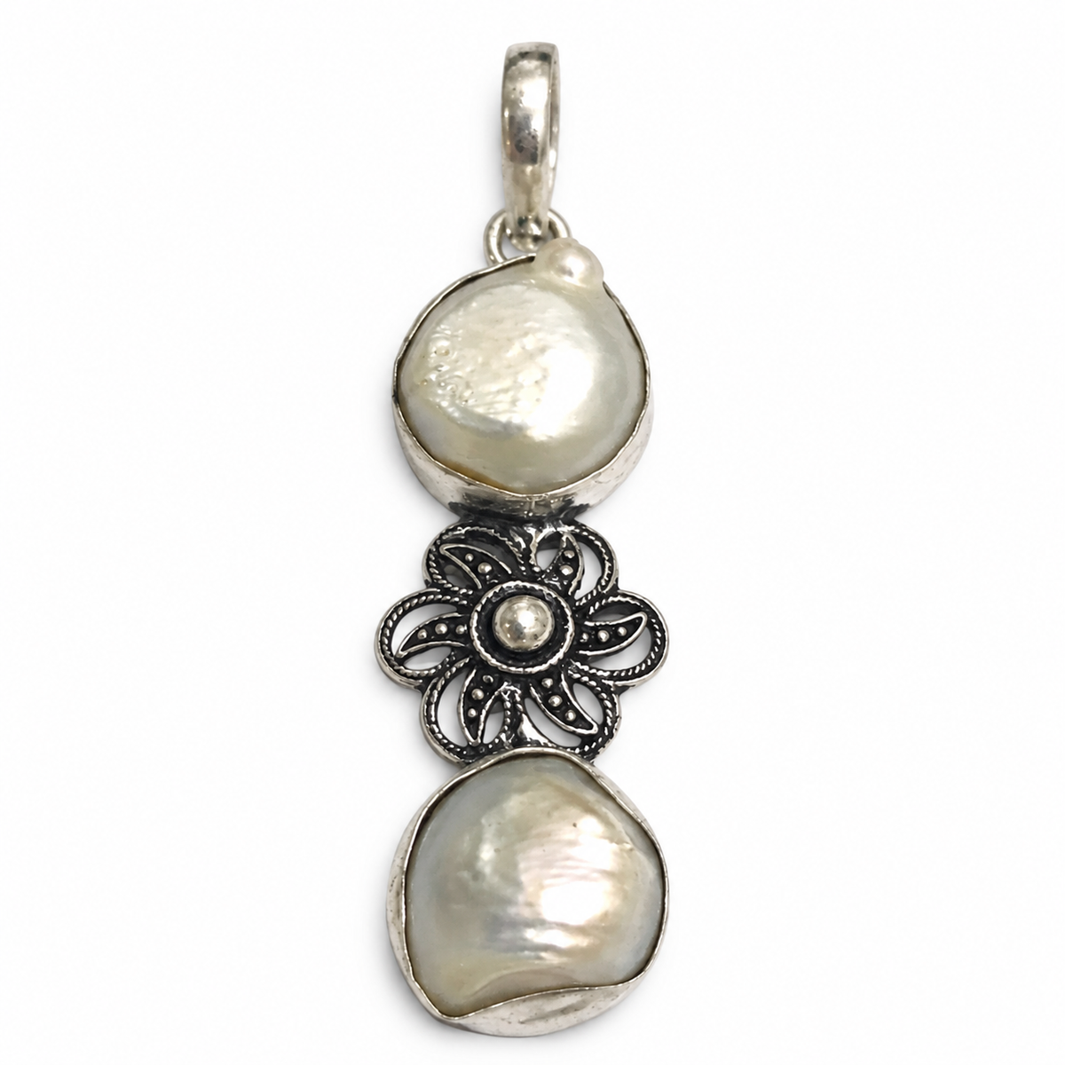 Pearl Flower Pendant, Silver Floral Boho Jewelry PEN416-SLV-NPRL02