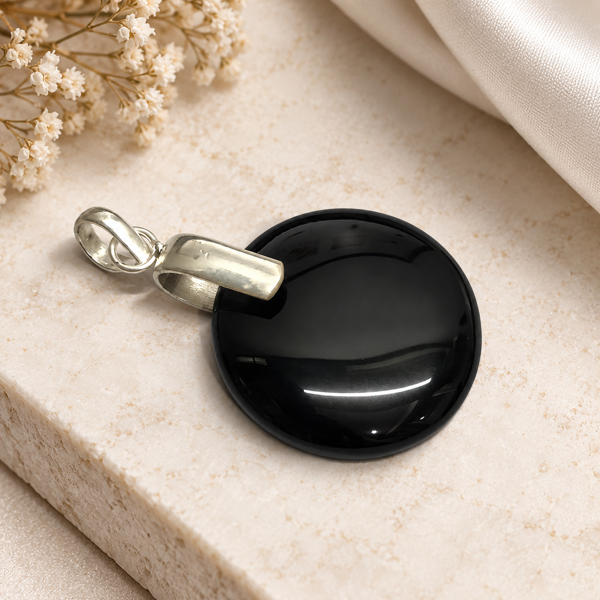 Black onyx Stone Pendant Minimal Silver Tone Necklace Charm PEN417-SLV-NBO01