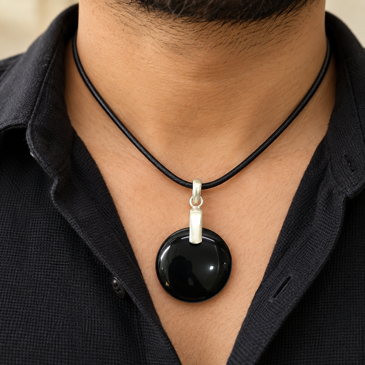 Black onyx Stone Pendant Minimal Silver Tone Necklace Charm PEN417-SLV-NBO01