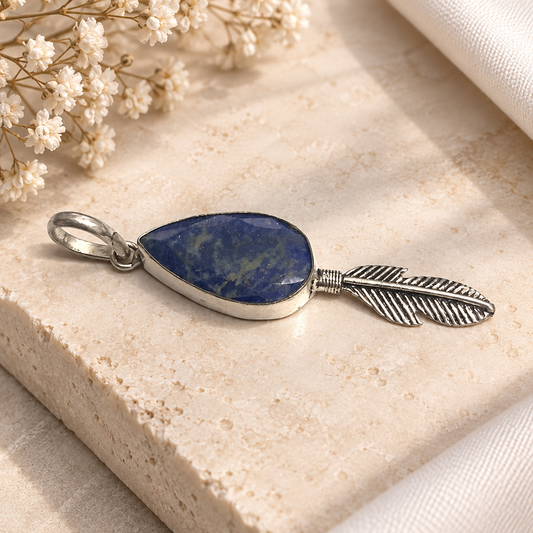 Lapis Lazuli Feather Pendant, Sterling Silver Boho Jewelry PEN418-SLV-NLLZ01