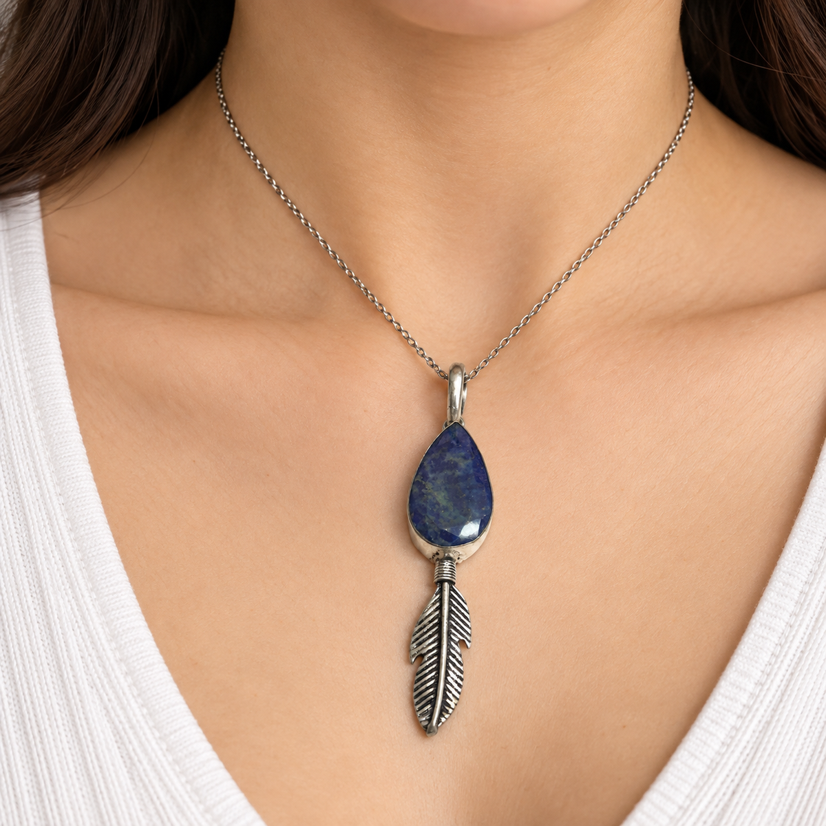 Lapis Lazuli Feather Pendant, Sterling Silver Boho Jewelry PEN418-SLV-NLLZ01