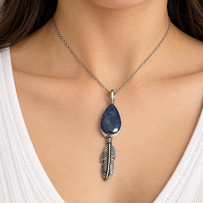 Lapis Lazuli Feather Pendant, Sterling Silver Boho Jewelry PEN418-SLV-NLLZ01