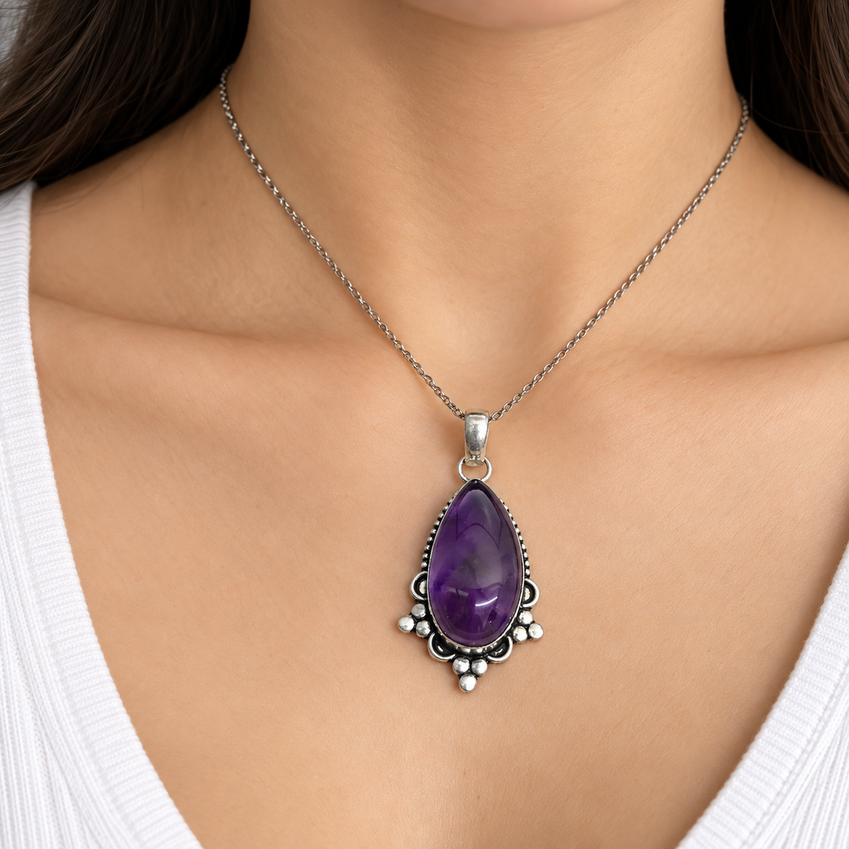 Amethyst Pendant, Purple Gemstone Silver Tone Jewelry PEN419-SLV-NAMT01