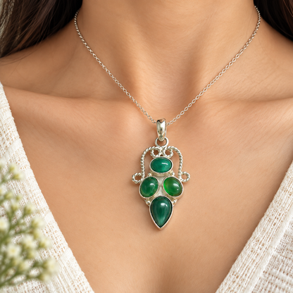Green Onyx Pendant, Silver Tone Boho Gemstone Jewelry PEN424-SLV-NGO04