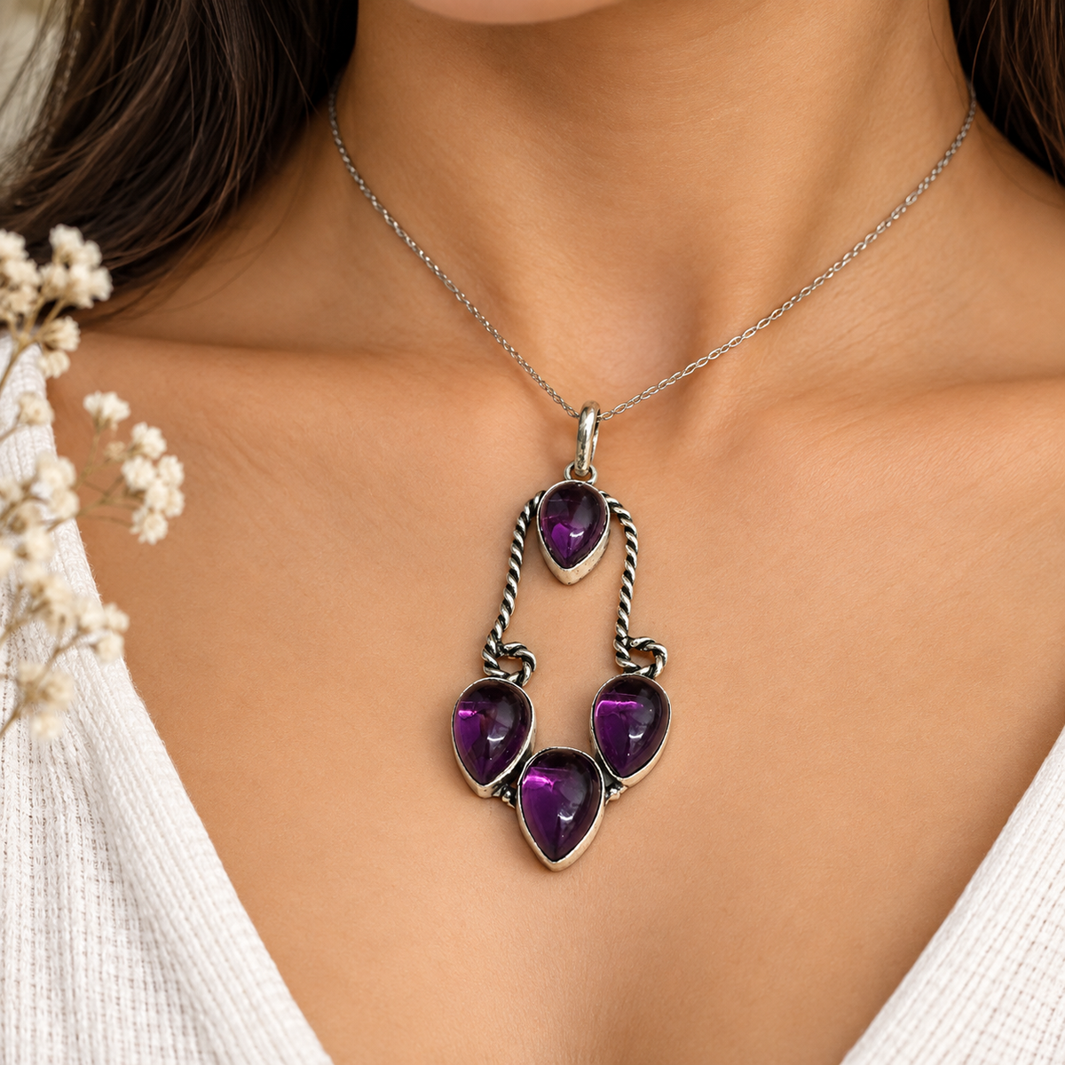Amethyst Pendant, Purple Gemstone Silver Tone Jewelry PEN425-SLV-NAMT04