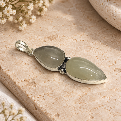 Golden Rutile Gemstone Double Stone Pendant, Silver Tone Jewelry PEN428-SLV-NGLDR02