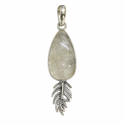 Golden Rutile Gemstone Leaf Pendant, Silver Tone Boho Jewelry PEN429-SLV-NGLDR01