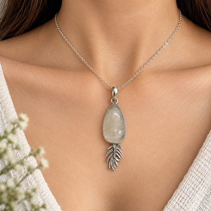 Golden Rutile Gemstone Leaf Pendant, Silver Tone Boho Jewelry PEN429-SLV-NGLDR01
